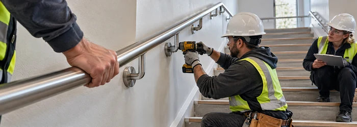 A carpenter secures a wall-mounted stair handhold bracket while an inspector checks the grip rail along the stair.