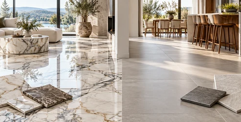 Marble and porcelain tile flooring samples side by side in a sunlit modern living room.