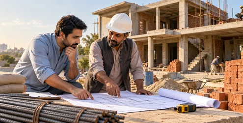 Builder and homeowner review a house plan beside cement, rebar, and brick supplies at a residential construction site in Pakistan.