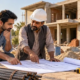 Builder and homeowner review a house plan beside cement, rebar, and brick supplies at a residential construction site in Pakistan.
