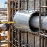 Worker checks a steel sleeve protecting a pipe opening through reinforced concrete before pouring.