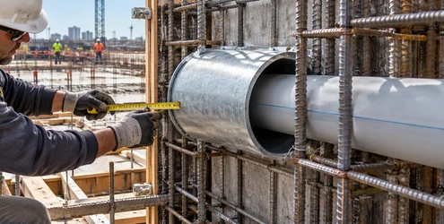 Worker checks a steel sleeve protecting a pipe opening through reinforced concrete before pouring.
