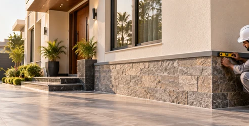 Contractor checks the alignment of protective stone cladding along the lower exterior wall of a home.