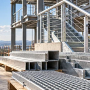 Engineers inspect fabricated steel handrails, stair components, grating and connection plates for a building project.