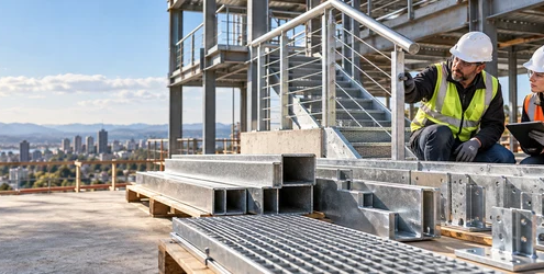 Engineers inspect fabricated steel handrails, stair components, grating and connection plates for a building project.