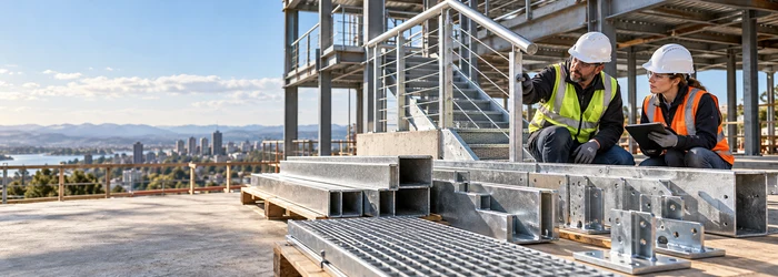 Engineers inspect fabricated steel handrails, stair components, grating and connection plates for a building project.