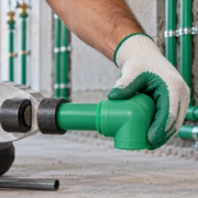 A plumber fusion-welds a green PPR pipe elbow while checking the aligned water supply lines.