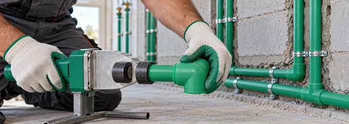 A plumber fusion-welds a green PPR pipe elbow while checking the aligned water supply lines.