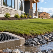 Graded home construction site with a storm drain inlet and stone swale directing water away from the foundation.