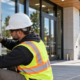 A fire protection contractor inspects a red Siamese fire department connection on a commercial building.
