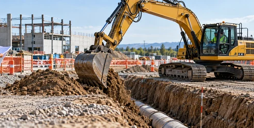 A hydraulic excavator digs a service trench while a supervisor checks the plan from outside the machine work zone.