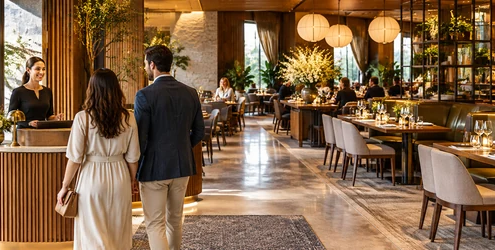 Welcoming restaurant entrance with clear front-of-house circulation, seating, and reception lighting.