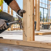 A carpenter drives an angled nail through a wall stud into the bottom plate while an engineer checks the framing detail.