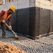 Workers place and compact backfill in a level lift around a protected building foundation