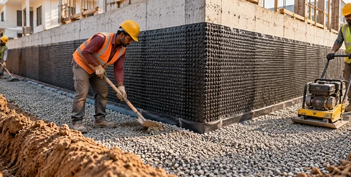 Workers place and compact backfill in a level lift around a protected building foundation
