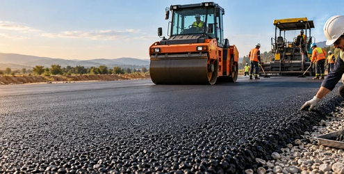 Road crew lays and compacts asphalt with a roller while an engineer checks the bituminous pavement surface.