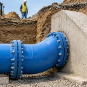 Blue water pipe elbow bearing against a concrete thrust block in a shored utility trench.