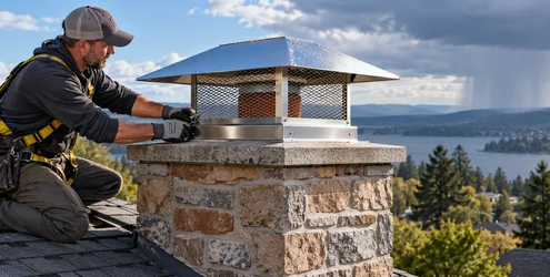 Roofer secures a stainless steel chimney cap over a masonry chimney to keep rain and debris out.
