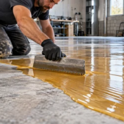 Worker spreads a clear epoxy resin coating over prepared concrete with a notched squeegee.