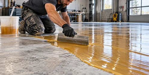 Worker spreads a clear epoxy resin coating over prepared concrete with a notched squeegee.