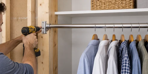 Carpenter secures a closet rod support bracket to wall framing before the pole carries hanging clothes.