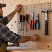 Carpenter organizes hand tools on a perforated pegboard at a house construction workshop.