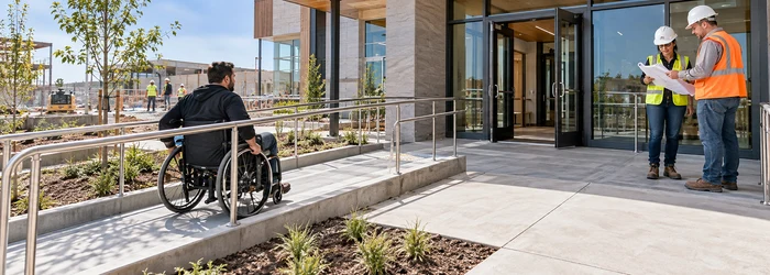 A wheelchair user follows a guarded entrance ramp toward a level landing while an accessibility consultant and engineer review the door connection.