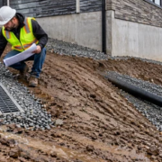 A civil engineer checks a surface-water interceptor drain that directs site runoff away from a building foundation to a catch basin.