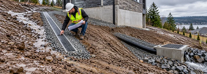 A civil engineer checks a surface-water interceptor drain that directs site runoff away from a building foundation to a catch basin.