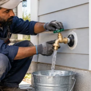 Plumber installing and testing a garage hose bib through the exterior wall with its supply connection visible