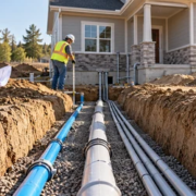 Water, sewer and electrical utility services routed through an organized trench to a new home site.
