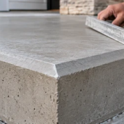Concrete finisher checks a beveled chamfered edge on a newly formed concrete step.