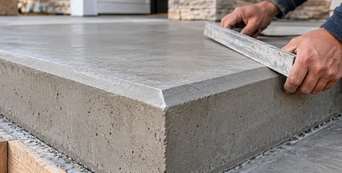 Concrete finisher checks a beveled chamfered edge on a newly formed concrete step.