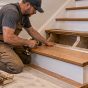 A carpenter fits a replacement wood step onto the stair supports while an inspector checks the stringer connection in a closed work area.