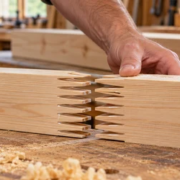 Woodworker aligns interlocking finger-shaped teeth where two timber boards join end to end.