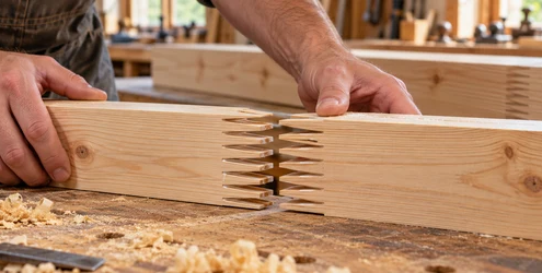 Woodworker aligns interlocking finger-shaped teeth where two timber boards join end to end.