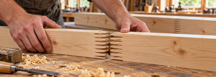 Woodworker aligns interlocking finger-shaped teeth where two timber boards join end to end.