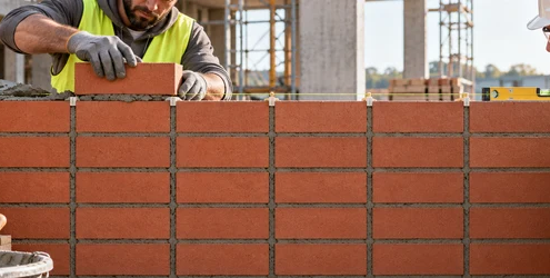 A mason builds a stack bond brick wall with uninterrupted vertical mortar joints while a supervisor checks course alignment.