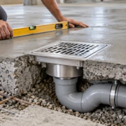 Stainless floor drain and outlet pipe installed flush within a concrete slab as an installer checks the finished surface.