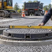 A civil engineer checks a cast-iron manhole frame with a straightedge and survey staff while a worker adjusts its bedding to match the road grade.