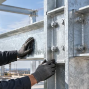 Engineer inspects a galvanized steel beam connection on a building frame for corrosion protection.