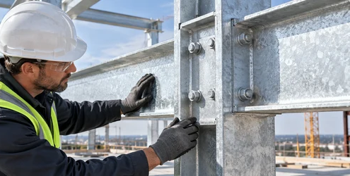 Engineer inspects a galvanized steel beam connection on a building frame for corrosion protection.