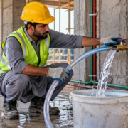 Construction plumber flushing a newly installed water line through a clear hose into a bucket before system commissioning