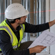Construction engineer checking a vertical measurement from the finished floor datum with a laser level and drawing.
