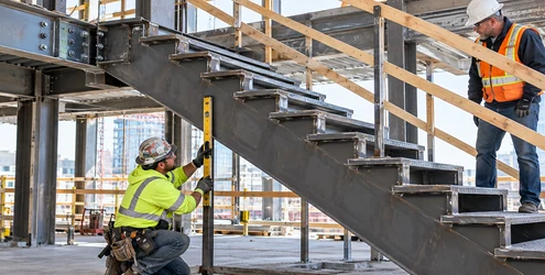 A stair installer checks a steel stringer and tread supports against the landing connection while a supervisor reviews alignment.
