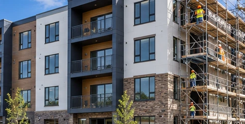 Four-story apartment building under construction with repeated homes and balconies shows the scale of a 20-unit multifamily project.