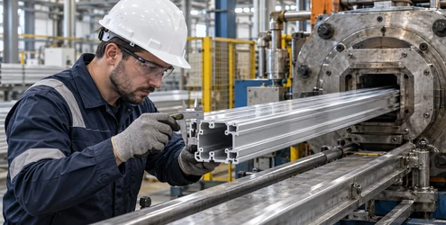 Worker checks the dimensions of an extruded aluminum profile as it exits a press at a construction materials factory.