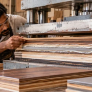 20080-feature-image Engineer inspects bonded layers of engineered wood under a press to illustrate construction laminating
