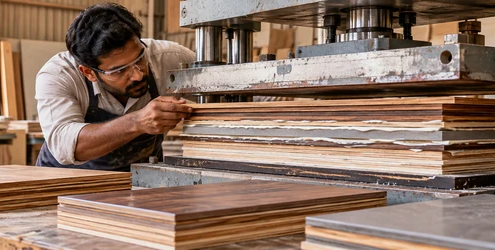 Engineer inspects bonded layers of engineered wood under a press to illustrate construction laminating