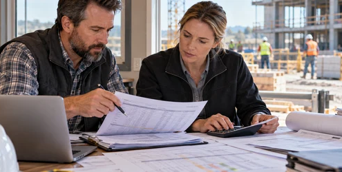 Construction estimator calculating labor burden rate with payroll records